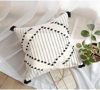SUXUMHAO Housses de coussin décoratives en coton de style rustique pour canapé, salon - 45,7 x 45,7 cm (pompons noirs)