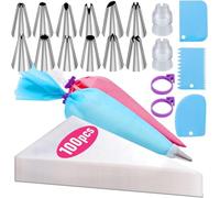 suxuMhao Lot de 100 poches à pâtisserie jetables de 30,5 cm avec 2 convertisseurs, 3 grattoirs à crème, 1 sac floral en EVA, 2 attaches en silicone, 12 becs à gâteaux floraux - Ensemble de 120 pièces