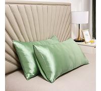 suxuMhao Lot de 2 taies d'oreiller en soie lavée, douces et douces pour la peau, taies d'oreiller soyeuses au toucher, donnant à la peau un câlin luxueux de 51 x 76 cm (vert clair)