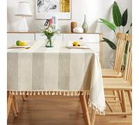SUXUMHAO Nappe rectangulaire à pompons en coton et lin anti-poussière pour cuisine et salle à manger, beige 02, 137 x 259 cm