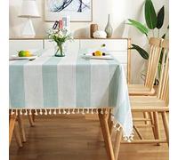 SUXUMHAO Nappe rectangulaire à pompons en coton et lin anti-poussière pour cuisine et salle à manger - 137 x 259 cm - Bleu sarcelle 02