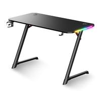 SUZA INT L FRANCE Bureau Gaming HEADQUARTER 250, 120 x 60 cm, LED RGB 8 Modes, Support Casque, Porte-gobelet, Design en Z, Noir avec Effet Carbone