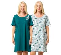 Suzy & Me Lot de 2 chemises de nuit à manches courtes en jersey 100 % coton pour femme Motif papillon, cœur, cerf, abeille, camping-car, forêt, 44-46