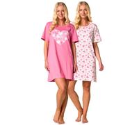 Suzy & Me Lot de 2 Chemises de Nuit en Jersey 100% Coton à Manches Courtes pour Femme. Motifs imprimés Papillon, cœur, Plume et léopard