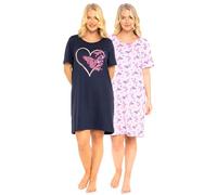 Suzy & Me Lot de 2 Chemises de Nuit en Jersey 100% Coton à Manches Courtes pour Femme. Motifs imprimés Papillon, cœur, Plume et léopard (Coeur d'été Marine 44-46)