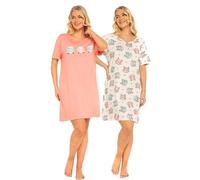 Suzy & Me Lot de 2 Chemises de Nuit en Jersey 100% Coton à Manches Courtes pour Femme. Motifs imprimés Papillon, cœur, Plume et léopard (Corail/Ivoire 44-46)