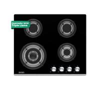 Svan Encimera de Gas Cristal negro SGW4600N. Potencia máx. 7800 kW, 4 Quemadores, Quemador WOK triple llama, con Ignición Automática, Parrillas Forjadas, Incluye Kit de Conversión Gas Natural