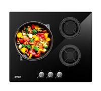Svan Plaque de Gaz Butane, SGW3601N. 3 Brûleurs, Allumage Automatique, Brûleur WOK, Commandes Rotatives, Grilles Forgées, Sécurité FFD, Intégrable, Nettoyage Facile, Finition Verre Noir