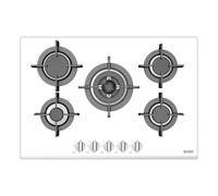 Svan SGW57500B Plaque de gaz butane 5 brûleurs, allumage automatique, brûleur WOK triple flamme, commandes rotatives, grilles forgées, sécurité FFD, intégrable, nettoyage facile, finition blanche