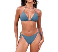 Svanco Maillot de Bain 2 Pièces Femme Triangle Bikini avec Rembourré, Perles Dorées et Tanga à Nouer