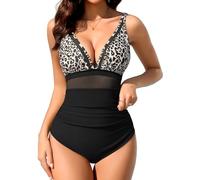 Svanco Maillot de Bain Femme Une Pieces Col en V Profond Gainant Ventre Plat Maillots de Bain Sexy Mesh Taille Haute Push Up Bretelles Ajustables Swimsuit