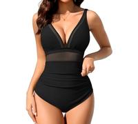 Svanco Maillot de Bain Femme Une Pieces Col en V Profond Gainant Ventre Plat Maillots de Bain Sexy Mesh Taille Haute Push Up Bretelles Ajustables Swimsuit