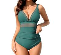 Svanco Maillot de Bain Femme Une Pieces Col en V Profond Gainant Ventre Plat Maillots de Bain Sexy Mesh Taille Haute Push Up Bretelles Ajustables Swimsuit
