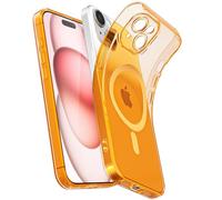 Svanove Coque magnétique transparente pour iPhone 15, compatible avec MagSafe, fine et transparente, pour femme et fille, en silicone souple fluorescent avec protection d'appareil photo, orange fluo
