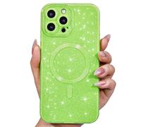 Svanove pour iPhone 15 Pro Max Coque Compatible avec MagSafe, Magnétique Etui Protection Caméra, Glitter Souple TPU Brillant Étui Antichoc Anti-Rayures Housse pour Femmes et Filles, Vert Fluo