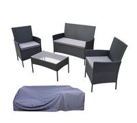 SVITA Brooklyn Salon de jardin 5 pièces avec housse de protection en polyrotin résistant aux intempéries pour jardin, terrasse, balcon, avec coussins, table en verre, noir