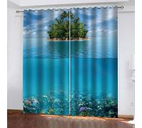SVTUSR Lot De 2 Rideau Thermique Isolant Anti Froid, Rideaux Chambre pour Adulte Et Enfant, 3D Vue sur La Mer Bleue De L'Île Motif Rideaux À Oeillets, Occultants Salon Cuisine 280X260Cm