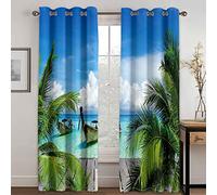 SVTUSR Rideau Salon Occultant -Isolant Thermique Rideaux À Oeillets Décoration De Fenêtre pour Chambre Enfant, 3D Paysages Végétaux Tropicaux en Bord De Mer Motif 280X260Cm 2 Panneau Rideaux Et Dra