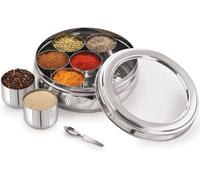 SWACRAFT Boîte à épices en acier inoxydable de haute qualité, 7 récipients et petite cuillère, en forme de ventre, boîte Masala indienne Dabba avec taille 20,3 x 20,3 cm