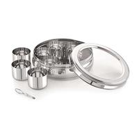 SWACRAFT Boîte à épices en acier inoxydable de haute qualité avec 7 récipients et petite cuillère, en forme de ventre, boîte Masala indienne, Dabba, taille 19,5 x 19,1 cm