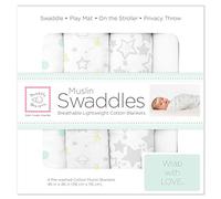 SwaddleDesigns Maxi Langes Mousseline de Coton, Bonne Nuit Starshine Argentée, Set de 4