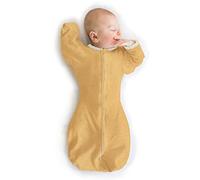 SwaddleDesigns Sac d'emmaillotage de transition avec bras sur demi-manches et poignets en mitaines, or chiné avec bordure à pois, moyen, 3-6 Mo, 15-20 lbs (meilleur sommeil, transition d'emmaillotage