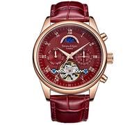 SWAN AND EDGAR Complexity Montre automatique pour homme avec cristal saphir, jour, date et quartier d'affaires, bracelet en cuir, montre analogique pour homme, Gold Red