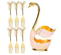 Swan Holder Tableware Set, Coffee Spoons Tea Spoons Dessert Forks Fruit Spoon Set with Elegant Swan Base, Food - Grade Zinc Alloy Cutlery for Home Party Cafe Restaurant Gift (blanc doré + croix)