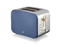 Swan Nordic Grille-pain à fente large 2 tranches 3 fonctions 6 niveaux de grillage Design moderne acier inoxydable et poignée effet bois Bleu mat