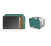 Swan Nordic Micro-ondes numérique 20 L, 6 niveaux de fonctionnement, 800 W de puissance, minuterie 30 min & Nordic Grille-pain à fente large 2 tranches, 3 fonctions, 6 niveaux de grillage, vert mat