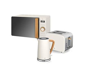 Swan Nordic Set petit-déjeuner bouilloire 1,7 l 3000 W, grille-pain à fente large 2 tranches, micro-ondes 20 l numérique, design moderne, effet bois, blanc