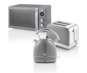 Swan Retro Ensemble Petit-Déjeuner, Bouilloire 1,8 L, Grille-Pain 2 Tranches à Fente Large, Micro-Ondes Numérique 20L, 6 Niveaux de Puissance, Minuteur, Porte Miroir, Design Vintage, Gris