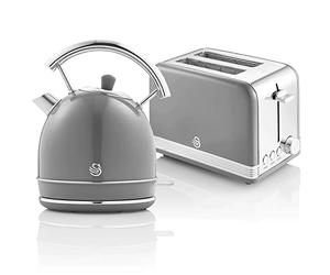 Swan Retro Ensemble Petit-Déjeuner, Bouilloire 1,8L avec Élément Chauffant en Acier INOX, Grille-Pain à Fente Large 2 Tranches, Régulateur de Grillage 6 Niveaux, Design Vintage, Gris, Taille unique
