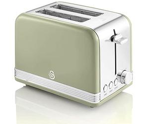 Swan Retro ST19010GNEU Grille-pain Large Fente 2 Tranches, Design Vintage, 3 Fonctions : Dégivrage, Réchauffement, Annulation, Régulateur 6 Niveaux de Torréfaction, Acier Inox, Vert, 815W