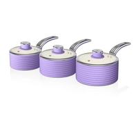 Swan Retro SWPS3020PURN Batterie de Cuisine 3 Casseroles, 16 18 20cm, 3 Couvercles en Verre, Aluminium, Induction, Antiadhésive Céramique sans PFOA, Convient à Toutes les Cuisinières, Vintage, Violet