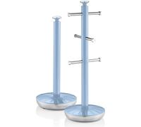 SWAN SWKA1054BLN Porte-rouleau de cuisine rétro + Porte-tasse pour 6 tasses à café, Acier de haute qualité Bleu