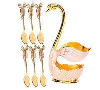Swan Tableware Set | 6 - Piece Zinc Alloy Coffee/Dessert Spoons & Utensils | Elegant Swan Holder for Home Decor/Presents | Food - Grade Secure & Simple Maintain (golden white + spoon)