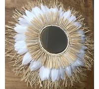 SWANELL Grand Miroir Plumes Blanches et Raphia Naturel