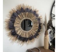 SWANELL Grand Miroir Plumes Grises et Raphia Naturel