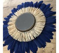 SWANELL Miroir Décoratif avec Cadre en Rotin, Plumes Bleu électrique Raphia Naturel, 60 cm Diamètre, 20 cm Glace