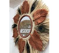SWANELL Miroir Décoratif en Raphia Naturel, 50 cm, avec Feuilles en Coton Terracota, Perles en Bois, Plumes de Paon