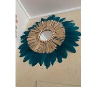 SWANELL Miroir en Raphia Naturel et Plumes Bleu pétrole, 50 cm