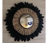 SWANELL Miroir Mural Bohème en Rotin avec Raphia et Plumes Noires, Style Décoratif