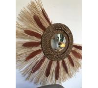 SWANELL Miroir Mural Demi-Lune, Socle en Rotin Raphia Naturel, Plumes Terracota, 60 cm