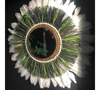 SWANELL Miroir Rond en Rotin avec Plumes Blanches, Raphia Vert, 60 cm
