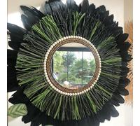 SWANELL Miroir Rond en Rotin avec Plumes Noires, Raphia Vert, 60 cm