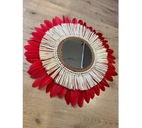 SWANELL Miroir Rond en Rotin avec Plumes Rouges, Raphia écru, 60 cm