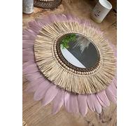 SWANELL Miroir Rond en Rotin avec Plumes Vieux Rose, Raphia écru Naturel, 60 cm