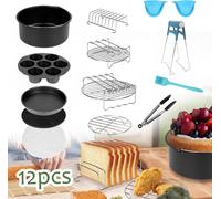 SWANEW Accessoires pour friteuse à air chaud 8 pouces Set de 12 pièces incluant une corbeille à pain Poêle à pizza Poêle en silicone Grille de cuisson Broches