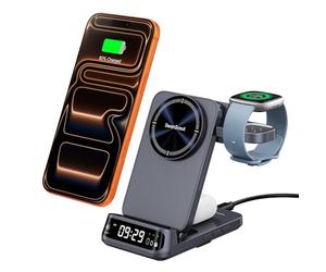 SwanScout Chargeur sans Fil magnétique pour Fitbit Versa 4/3/Sense 2/1/Ace LTE, Station de Recharge 3 en 1 pour iPhone Air/17/16/15/14, Samsung 26/Z Flip 7/S25/S24, SwanScout 708MG2 (sans Adaptateur)